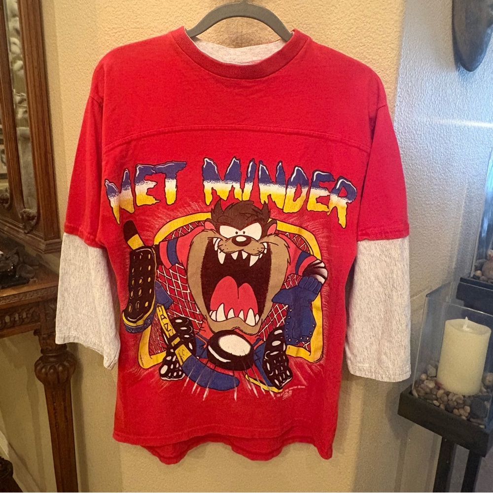 Vtg Looney Tunes Freeze 1995 Red Taz 'Net Minder' Double Sided Top Size Medium